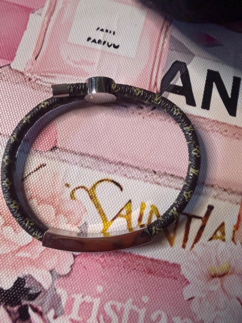 Adjustable Stainless with leather Silver-Tone Logo Bangle Bracelet